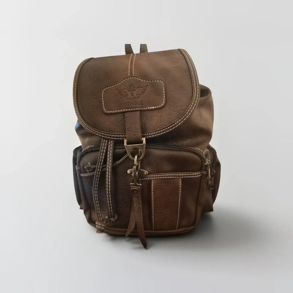 Yongle Brown Faux Leather Backpack Purse Multi Pocket Adjustable Straps Unisex